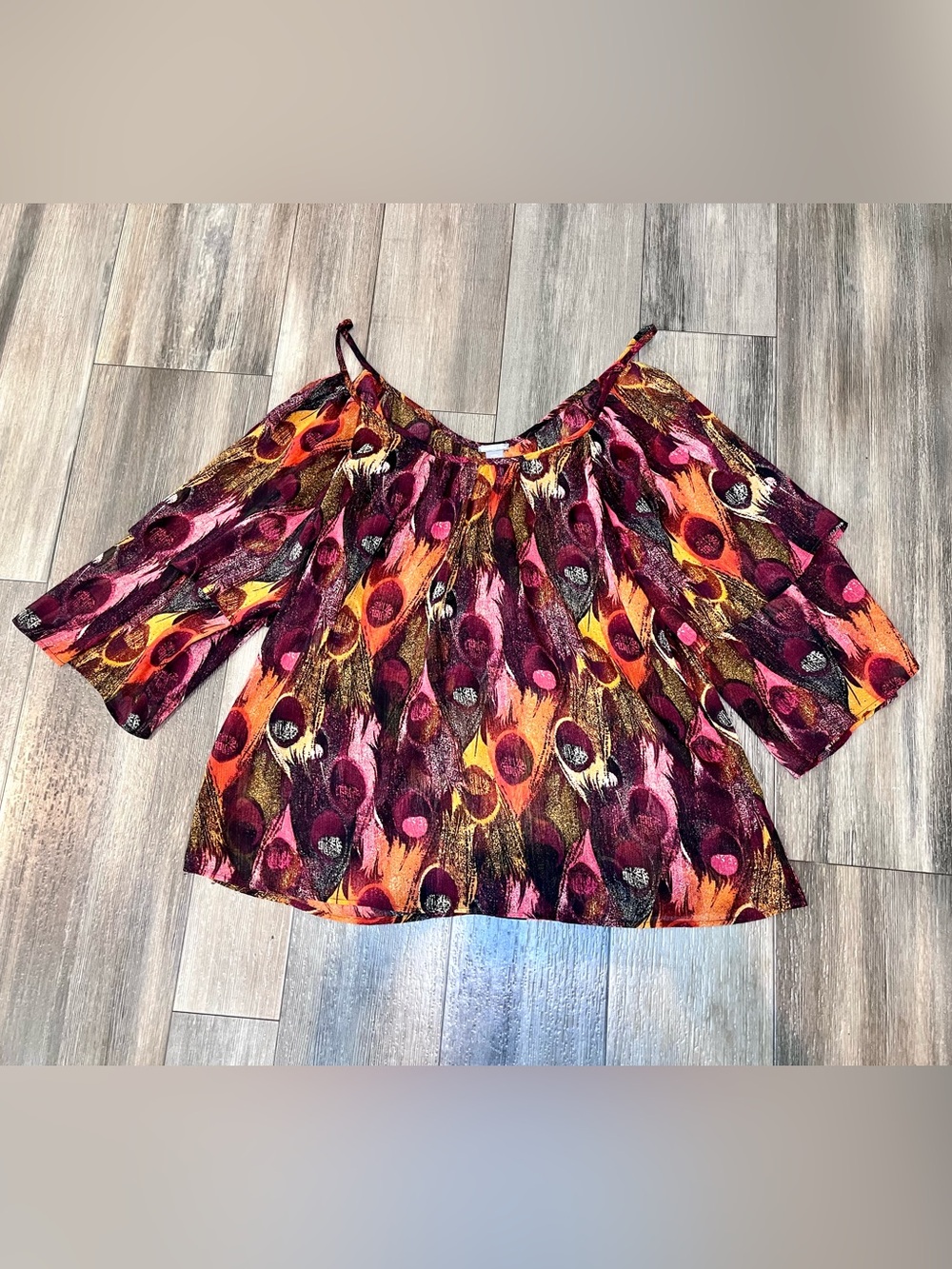 Charlotte Russe Off Shoulder Feather Print Bell Sleeve Top Size L